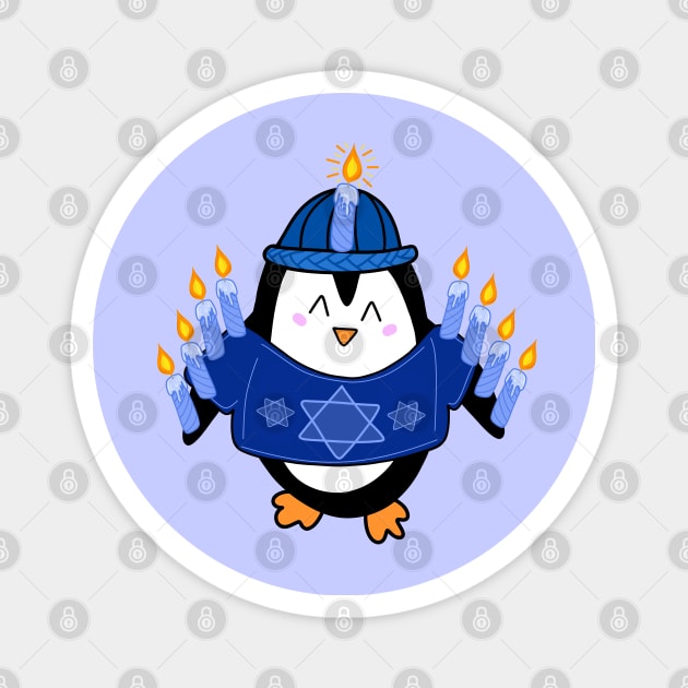 Cute Hanukkah Penguin Dressed as a Menorah on a Periwinkle Backdrop, made by EndlessEmporium Magnet by EndlessEmporium